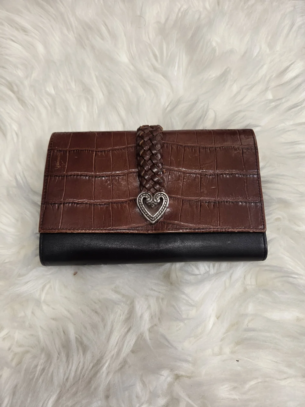 VTG Brighton Leather Black Brown Trifold Wallet Braided Leather Details Hearts